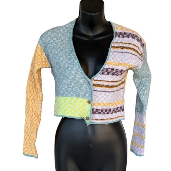 Free People women’s multicolor Ready Set Go Cardigan cropped sweater sz XS used - Picture 4 of 11